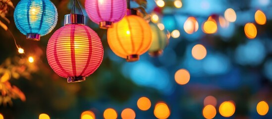Aufkleber - Colorful Lanterns Illuminating Summer Nights with Soft Bokeh Background and Space for Customizable Text