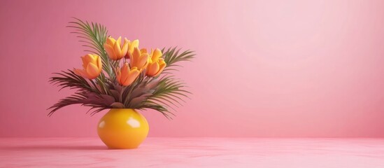 Poster - Vibrant Yellow Tulip Arrangement in Bright Yellow Vase against Soft Pink Background with Space for Text and Design