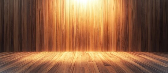 Sticker - Illuminated wooden wall and floor background with warm lighting for dramatic effects and presentations