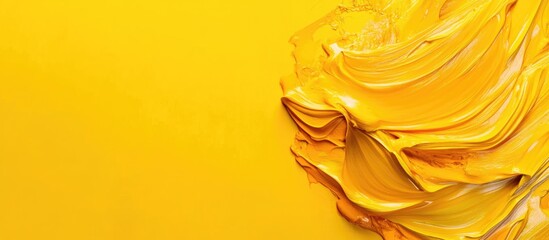 Poster - Vibrant yellow paint splash on a smooth surface creating a fluid texture with space for text or design integration.