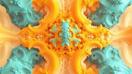 Poster - Fractal flower design in vibrant yellow, orange, and turquoise colors creating a mesmerizing 3D effect and intricate patterns.