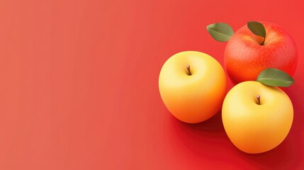 Poster - Colorful Apples on Vibrant Red Background with Copy Space for Text and Minimalist Flat Design Style