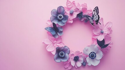 Poster - Wreath of Anemones and Butterflies on Pastel Pink Background with Empty Copy Space for Easter Card Design and Decoration