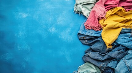 Poster - Worn colorful clothing arranged on a blue background with ample empty space for creative text or advertising purposes.