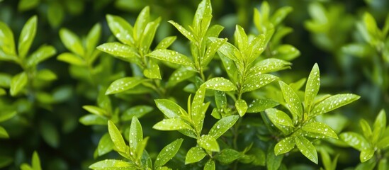 Sticker - Lush green Spirea bush foliage glistening with water droplets after a refreshing rain showcasing nature's beauty and vitality