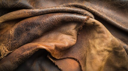 Poster - Worn Brown Leather Texture with Creases and Deterioration for Background Macro Photography Featuring Rusty Tones and Empty Space for Text