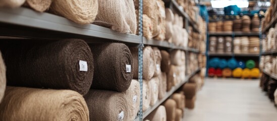 Poster - Wool Rolls Organized on Shelves in a Textile Warehouse Showcasing Diverse Colors and Textures for Fabric Retail or Manufacturing Use