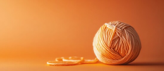 Poster - Woolen yarn ball on a textured surface with soft orange tones creating a warm atmosphere ideal for knitting and creative projects.