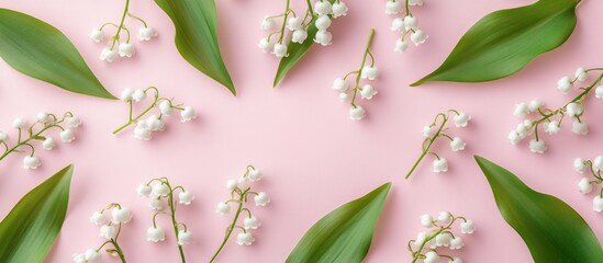Aufkleber - Spring Floral Arrangement of Lily of the Valley on Soft Pink Background Aesthetic Layout for Wallpaper or Background Texture Design