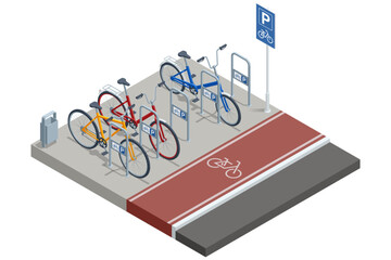 Isometric vector illustration of a bike parking area with a red cycling lane and metal racks holding multiple bicycles.