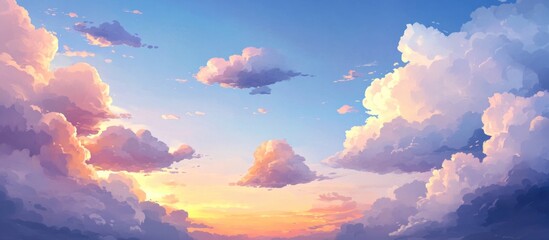 Poster - Colorful sunset sky with fluffy clouds creating a serene and tranquil atmosphere ideal for backgrounds and nature themes.