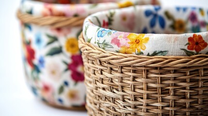 Sticker - Floral fabric lined wicker baskets showcasing stylish lampshades with a white background for creative text placement and decoration ideas