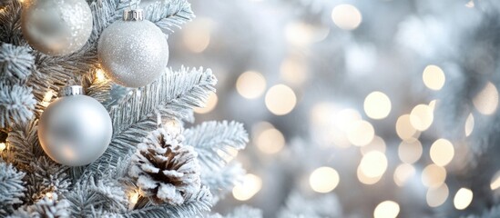 Aufkleber - Silver and white bokeh abstract background with Christmas ornaments and lights creating a festive panoramic winter scene