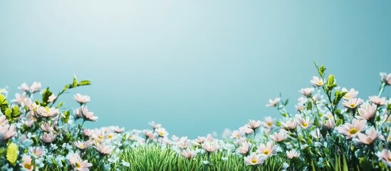 Wall Mural - Fresh spring meadow with vibrant green grass and a clear blue sky, creating ample space for text or messaging in a serene landscape.
