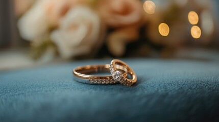 Aufkleber - Elegant wedding rings on a soft blue fabric with blurred floral background and warm bokeh lighting creating a romantic atmosphere.