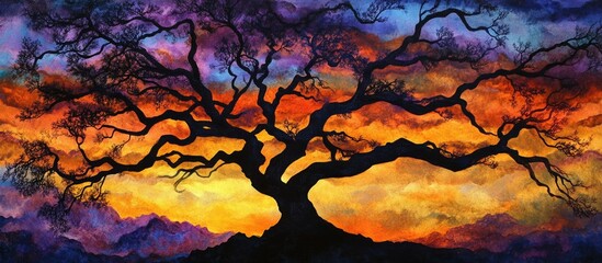 Poster - Majestic tree silhouette against a vibrant sunset sky with colorful swirling clouds creating a dramatic atmosphere in a nature scene.
