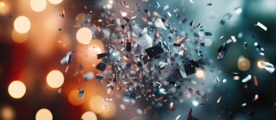 Aufkleber - Silver confetti explosion on a vibrant festive background creating a joyful atmosphere for holiday celebrations and seasonal events.