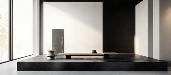 Aufkleber - Modern minimalist studio interior with black and white gradient walls and a simple wooden table showcasing a serene, contemporary aesthetic.