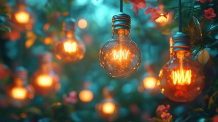 Aufkleber - blooming lightbulbs in a lush garden setting with soft glowing light and empty space for text or des