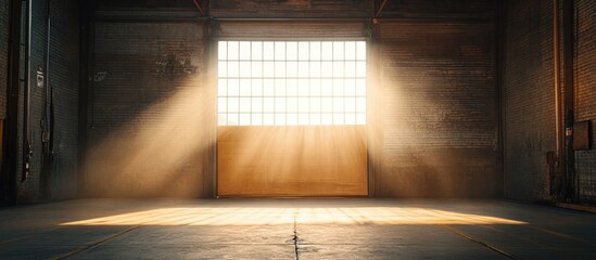 Poster - Sunlight pouring through an open warehouse door illuminating spacious interior with potential for text overlay