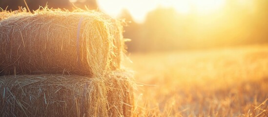 Wall Mural - Golden hay bales under warm sunlight in a rustic countryside field during sunset creating a serene agricultural landscape.