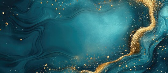 Aufkleber - Teal and Gold Glittering Fluid Art Background with Depth and Texture for Creative Text Placement