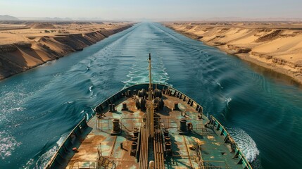 Poster - A large vessel makes its way through the Suez Canal, leaving ripples in the water as it moves forward. The arid desert terrain lines both sides, highlighting the waterway's significance.