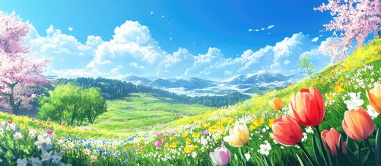 Sticker - Vibrant spring flower landscape with colorful blooms and scenic blue sky for serene background decoration