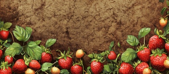 Wall Mural - Strawberries and Green Leaves Frame with Blank Space for Text on Textured Background Ideal for Fresh Produce Advertising