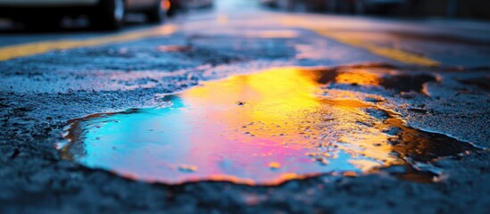 Aufkleber - Iridescent gasoline spill on wet asphalt road showcasing vibrant reflections and textures in an urban setting during twilight.