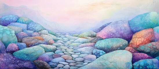 Aufkleber - abstract stonescape featuring colorful pebbles and serene landscapes under a soft pastel sky, evokin