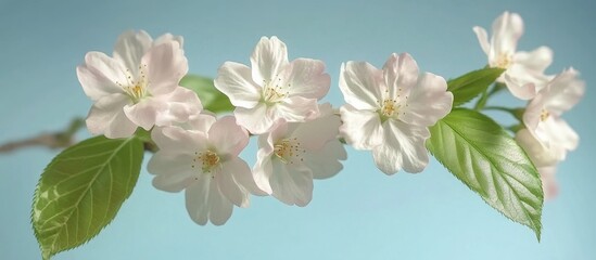 Wall Mural - delicate spring cherry blossoms with vibrant green leaves against a soft blue background showcasing 