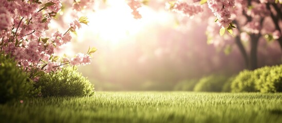 Wall Mural - spring cherry blossoms in full bloom amidst lush green grass with soft sunlight creating a serene na