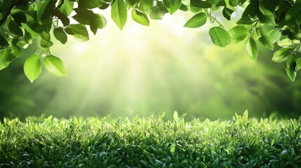 Aufkleber - sunlight illuminating vibrant green foliage creating a serene natural background with space for text