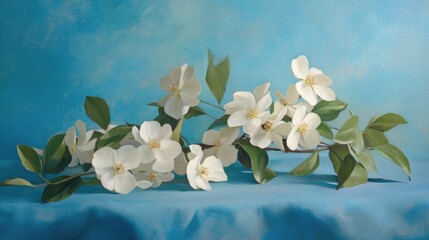 Sticker - Spring Still Life with Delicate White Flowers on a Soft Blue Background Ideal for Text Placement and Floral Themes