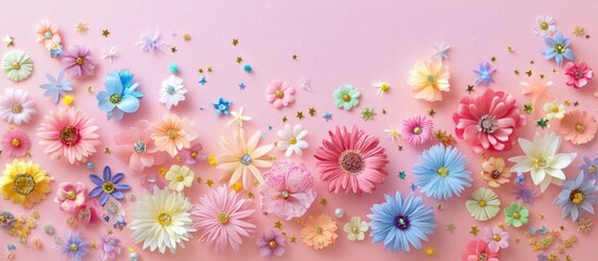 Wall Mural - spring flowers and colorful stars on a soft pink background top view floral composition