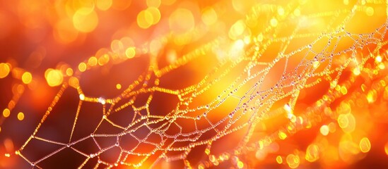 Aufkleber - Intricate spider web glistening in warm sunset light with a vibrant orange and gold bokeh background