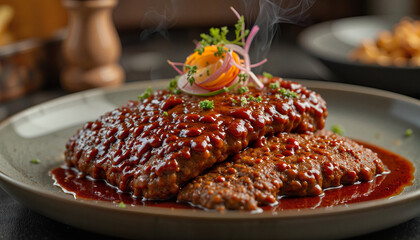 Gourmet meatloaf with rich sauce in rustic kitchen, evening indulgence