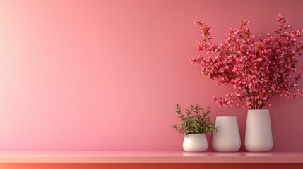 Aufkleber - Modern shelf display with pink wall background featuring decorative vases and empty space for customizable text or branding elements.