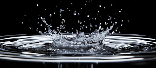 Aufkleber - Dynamic water splash creating ripples and shock waves on a reflective surface against a black background for dramatic visual impact.