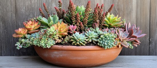 Sticker - Lush arrangement of diverse succulent plants in a rustic terracotta pot against a wooden backdrop