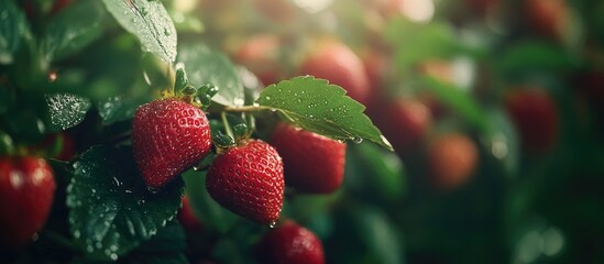 Wall Mural - Fresh organic strawberries glistening with dew in a vibrant market setting showcasing healthy food and rich natural textures.