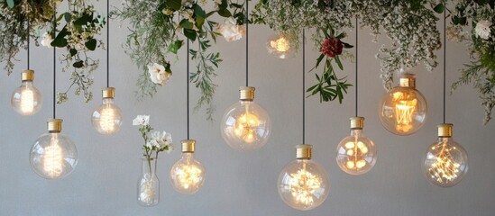 Wall Mural - Elegant hanging light bulbs surrounded by greenery creating a warm and inviting atmosphere in a modern interior setting.