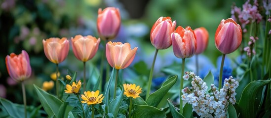 Wall Mural - vibrant spring flowers in a lush garden setting showcasing tulips and daisies with rich colors and n