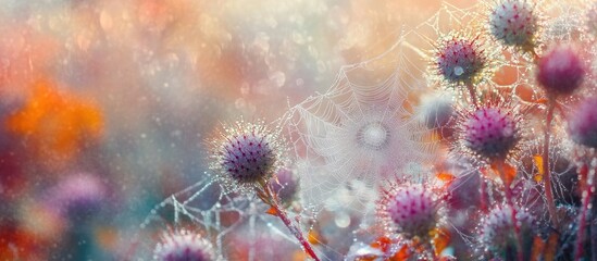 Aufkleber - Delicate spiderweb glistening on vibrant thistle plants in autumn creating a serene natural scene with soft bokeh background.