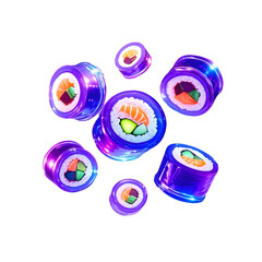 Sticker - Neon-infused, floating sushi pieces with a holographic glow, suspended in anti-gravity,