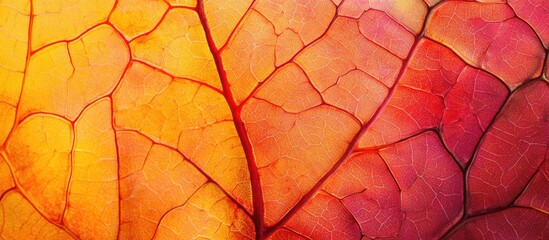 Vibrant autumn leaf texture showcasing intricate patterns and rich hues of orange and red in a close-up macro shot.