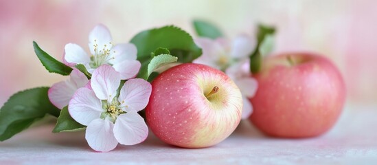 Sticker - Springtime apple blossoms with soft pink flowers and fresh apples on a pastel background creating a serene floral ambiance.