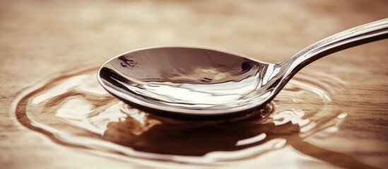 Aufkleber - Metal Spoon Capturing Water Reflection on a Wooden Surface in Soft Natural Light