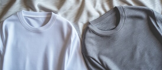 Aufkleber - T shirt mockup featuring white and grey shirts on a plain backdrop ideal for customization and design templates with empty text space
